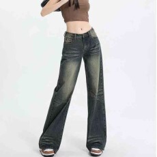 批发美式复古蓝牛仔<b class='q'>裤</b>女2025秋季新款高腰显瘦辣妹直筒阔<b class='q'>腿</b>窄版拖地<b class='q'>裤</b>