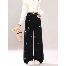 批发趣味小狗刺绣阔腿牛仔<b class='q'>裤</b>女春秋季设计感高腰宽松显瘦直筒拖地<b class='q'>裤</b>子