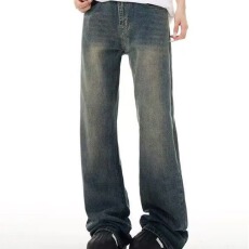 批发高街美式复古蓝做旧阔腿牛仔<b class='q'>裤</b>男女潮牌垂感宽松显瘦直筒拖地长<b class='q'>裤</b>