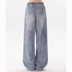 批发浅色高腰阔腿牛仔<b class='q'>裤</b>女春秋2025年<b class='q'>新款</b>美式泼墨设计宽松直筒拖地<b class='q'>裤</b>