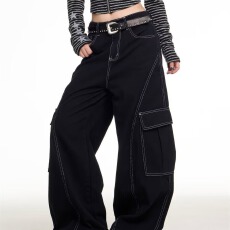 批发港风复古显瘦明线设计感<b class='q'>帅气</b>牛仔裤女宽松街头风宽松阔腿工装裤