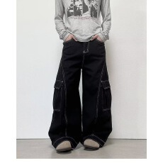 批发港风复古显瘦明线设计感<b class='q'>帅气</b>牛仔裤宽松街头风宽松阔腿工装裤男女