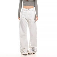 批发弯刀微喇牛仔裤男女痞帅春秋美式宽松百搭纯色直筒<b class='q'>长裤</b>青少年