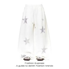 批发纯棉华棉复合牛奶丝常规款星星烫钻弯刀卫裤<b class='q'>男</b>女宽松阔腿裤潮