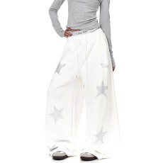 批发纯棉华棉复合牛奶丝常规款星星烫钻弯刀卫裤<b class='q'>男</b>女宽松阔腿裤潮