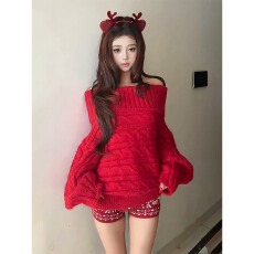 批发2025超好看圣诞穿搭两件套女秋冬<b class='q'>一字肩</b>红色毛衣显瘦慵懒短裤子潮