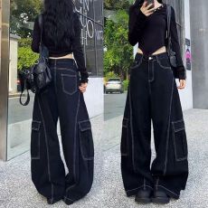 批发港风复古显瘦明线设计感<b class='q'>帅气</b>牛仔裤女宽松街头风宽松阔腿工装裤