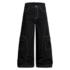 批发港风复古显瘦明线设计感<b class='q'>帅气</b>牛仔裤女宽松街头风宽松阔腿工装裤