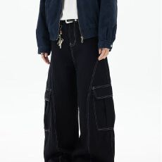 批发港风复古显瘦明线设计感<b class='q'>帅气</b>牛仔裤男女宽松街头风宽松阔腿工装裤