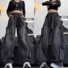 批发美式复古工装阔腿<b class='q'>牛仔裤</b>女秋冬款高街设计感宽松显瘦高腰直筒裤子