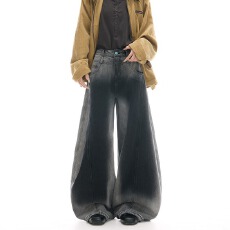 批发美式复古高街爵士舞阔腿弯刀水洗<b class='q'>牛仔裤</b>女中性新款宽松垂感拖地裤