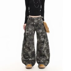 批发美式复古迷彩<b class='q'>牛仔裤</b>女春季高腰宽松阔腿裤休闲百搭拖地裤直筒长裤