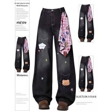 批发大码美式复古趣味刺绣水洗<b class='q'>牛仔裤</b>女2025秋季宽松显瘦直筒长裤子潮