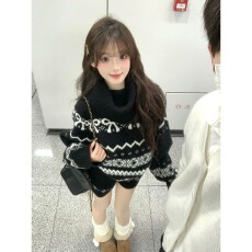 批发<b class='q'>韩版</b>小个子巨好看蝴蝶结提花高领费尔岛毛衣女针织短<b class='q'>裤</b>秋冬两件套