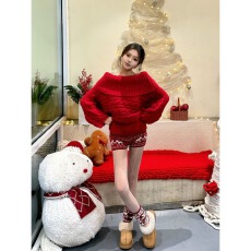 批发圣诞节穿搭<b class='q'>套装</b>女秋冬季红色一字肩加厚针织毛衣上衣<b class='q'>短裤</b>子两件套