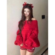 批发2025超好看圣诞穿搭两件套女秋冬一字肩红色毛衣显瘦慵懒短<b class='q'>裤</b>子潮