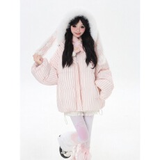 批发日系温柔可爱风兔耳朵条纹星星连帽棉服女冬季防寒宽松面包服外套