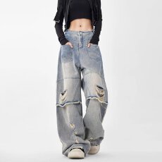 批发美式复古工装牛仔裤<b class='q'>女</b>秋季辣妹高街设计感宽松显瘦高腰直筒阔腿<b class='q'>裤</b>