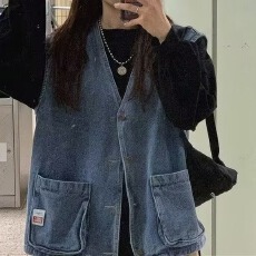 韩版复古春秋大码胖mm学院风宽松百搭无袖牛仔马甲外套女学生上衣