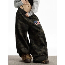 批发美式vibe做旧迷彩工装阔腿牛仔裤<b class='q'>女</b>新款宽松显瘦直筒坠感拖地裤子