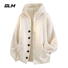 批发慵懒风连帽单排扣毛衣开衫男女秋装新款<b class='q'>韩版</b>宽松<b class='q'>针织衫</b>外套