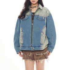 批发美式复古重工水洗做旧牛仔外套女早春新款2024设计感宽松机车夹克