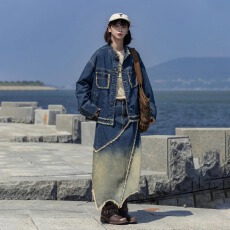 批发美式复古水洗做旧毛边牛仔外套秋季潮牌宽松休闲百搭情侣夹克上衣