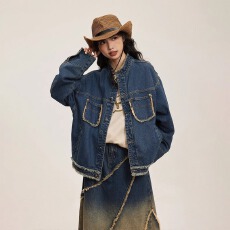 批发美式复古水洗做旧毛边牛仔外套秋季潮牌宽松休闲百搭情侣夹克上衣