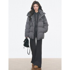 批发韩系百搭通勤格纹拼接灰色保暖连帽棉服女冬季宽松防寒面包服外套