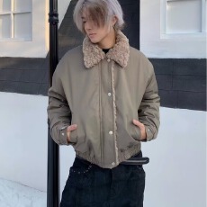 批发潮牌美式复古纯色翻领棉服夹克男女宽松百搭高级感休闲外套