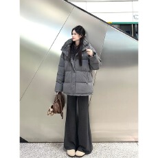 批发韩系简约通勤灰色保暖连帽棉服女冬季学院风宽松显瘦防寒面包服女