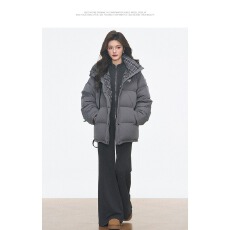 批发韩系百搭通勤格纹拼接灰色保暖连帽棉服女冬季宽松防寒面包服外套