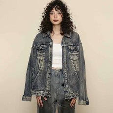 批发美式复古高街水洗做旧牛仔外套女春<b class='q'>秋</b>季宽松ing潮流夹克上衣