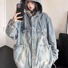 批发2025春秋新款连帽水洗<b class='q'>牛仔</b>外套男女宽松潮流帅气做旧复古夹克褂子