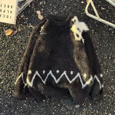 秋冬小众设计猫咪提花仿貂毛圆领毛衣男女简约慵懒宽松针织衫