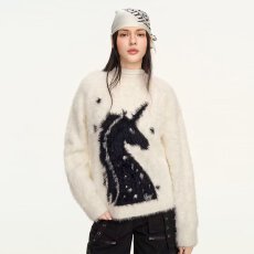 批发圣诞红色骏马毛衣女秋冬宽松慵懒风温柔日系复古本命年针织外套