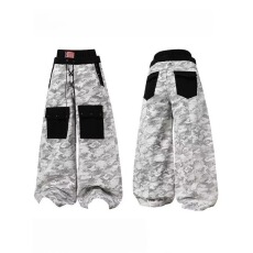 批发美式撞色双腰头多口袋设计感迷彩牛仔裤男女街头痞帅阔腿拖地长裤