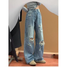 批发美式复古蓝破洞牛仔裤女新款高腰宽松显瘦直筒裤设计感水洗牛仔裤