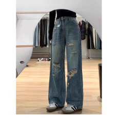 批发美式复古蓝破洞牛仔裤女新款高腰宽松显瘦直筒裤设计感水洗牛仔裤