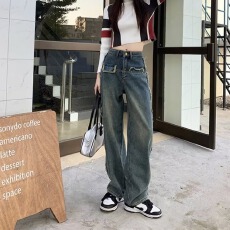批发复古时尚毛边牛仔裤女春<b class='q'>秋</b>新款高腰显瘦拼接百搭阔腿直筒拖地裤潮