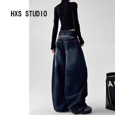 批发刺绣字母美式复古水洗做旧弯刀牛仔裤男女设计感宽松拖地阔腿裤潮