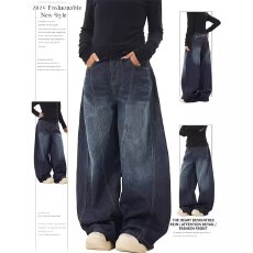 批发刺绣字母美式复古水洗做旧弯刀牛仔裤男女设计感宽松拖地阔腿裤潮