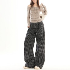 批发美式复古格子休闲裤女春季新款中性高腰宽松显瘦慵懒风直筒裤子男