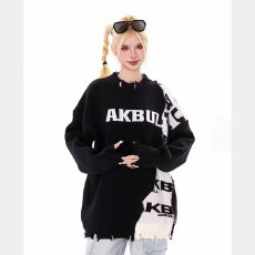 批发美式高街嘻哈拼接毛边套头毛衣潮牌设计感情侣针织衫男女款原宿