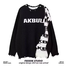 批发美式高街嘻哈拼接毛边套头毛衣潮牌设计感情侣针织衫男女款原宿