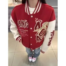 批发潮牌过年红色<b class='q'>棒球</b>服男女秋冬新款美式龙凤呢拼皮棉衣<b class='q'>外套</b>宽松