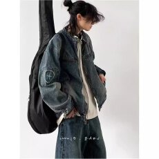 批发2025春秋美式高街机车牛仔外套男女水洗做旧潮牌宽松休闲拉链夹克