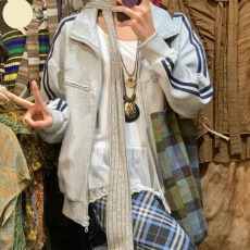 批发美式复古条纹<b class='q'>卫衣</b>外套女秋冬潮牌街头两道杠宽松百搭立领运动<b class='q'>开衫</b>