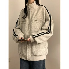 批发美式复古条纹<b class='q'>卫衣</b>外套女秋冬潮牌街头两道杠宽松百搭立领运动<b class='q'>开衫</b>