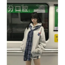 批发2026春秋原创美式复古格子披肩假两件长袖<b class='q'>卫衣</b><b class='q'>男</b>女夏季宽松上衣潮